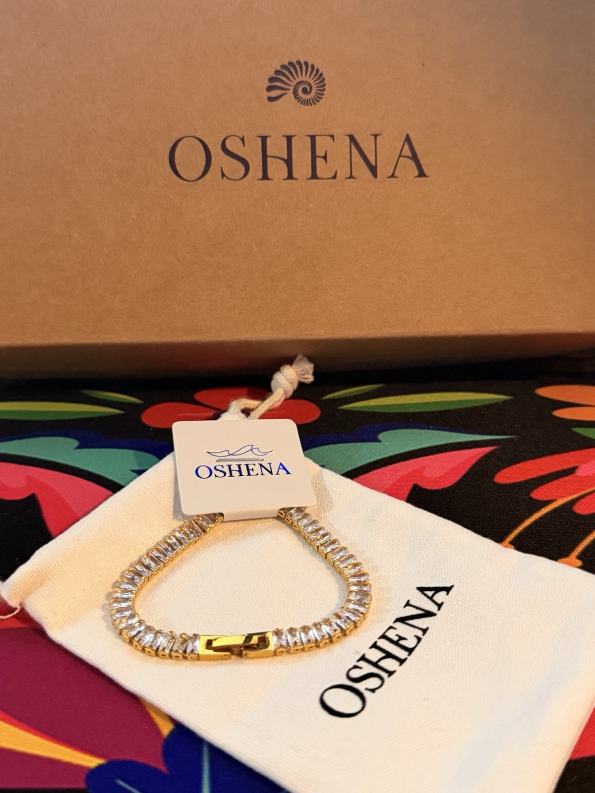 Oshena Halo Tennis Bracelet Gold Clear Channel-Set Rectangular Stones