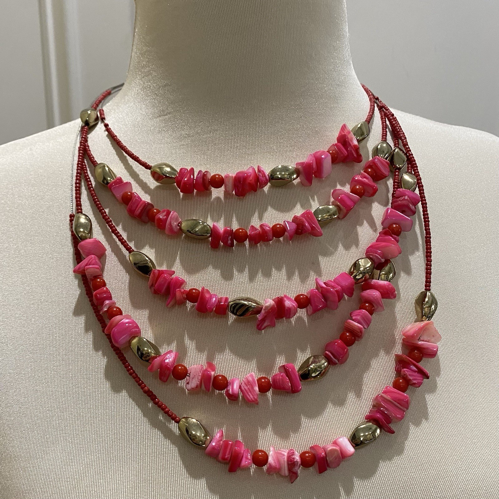 NEW Pink Mixed Stone & Bead 5 Strand Bib Necklace
