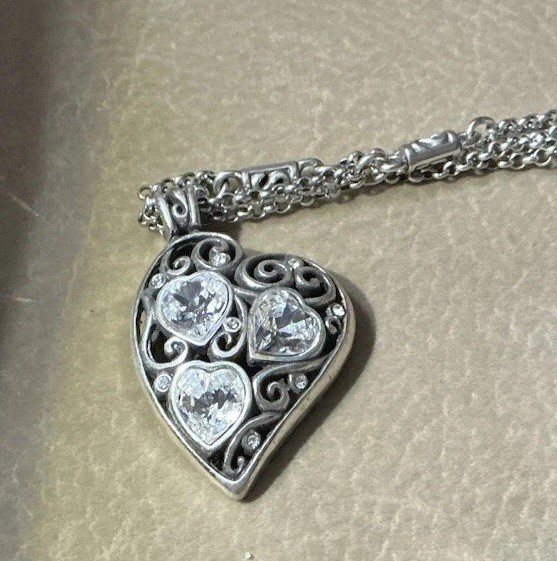 Brighton Silver Tone & Crystal Heart Pendant Necklace 16” – 18”