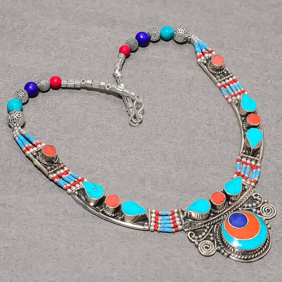 Lapis Lazuli Coral Turquoise Gemstone Necklace Handmade Nepali Jewelry 18″ N31
