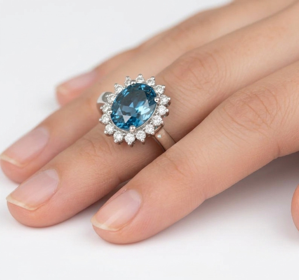 Oval London Blue Topaz Sunburst Halo Ring, Sterling Silver Engagement Ring