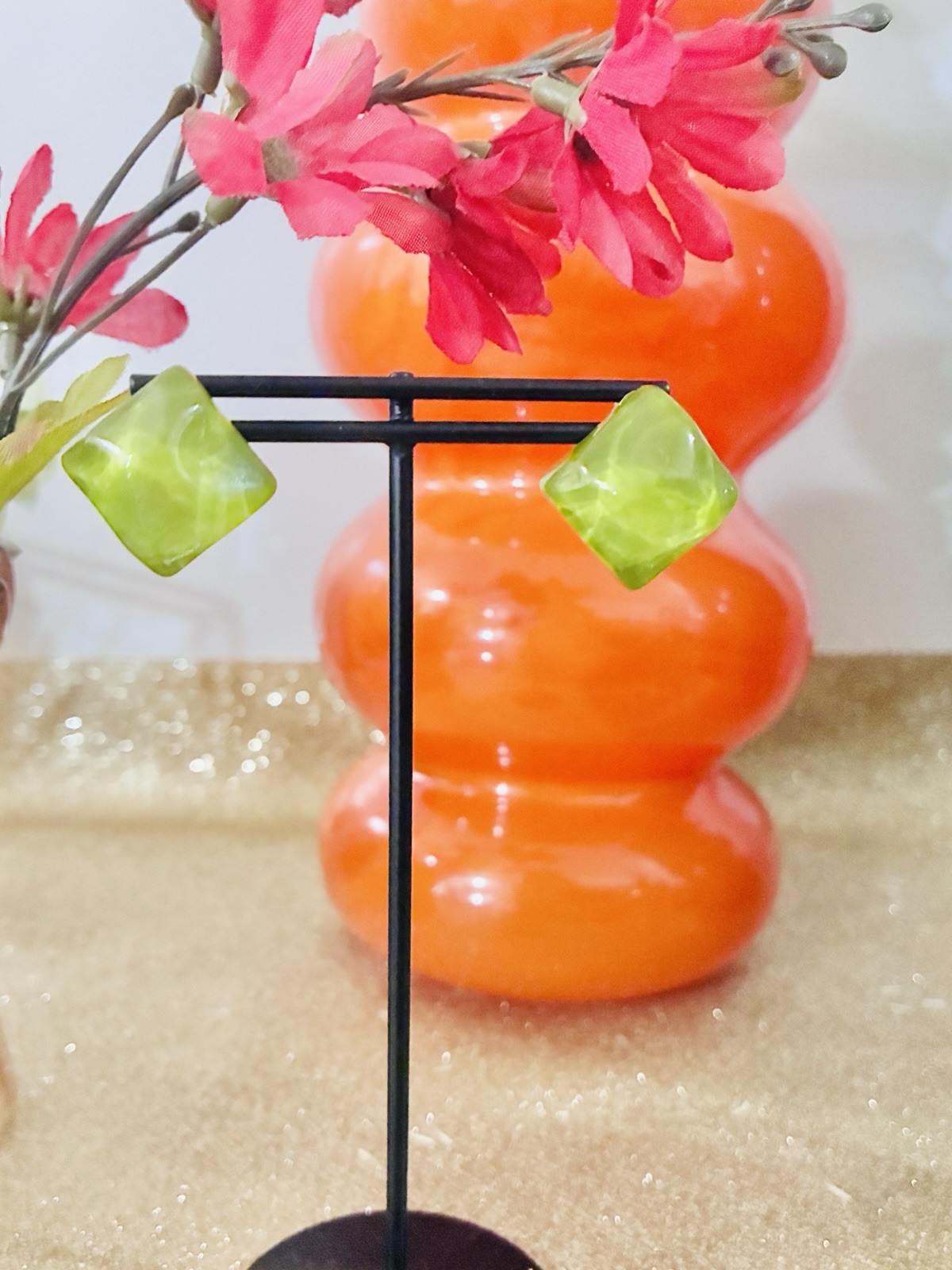 Green Acrylic Square Mid-Century, Modern Earrings, High Quality,