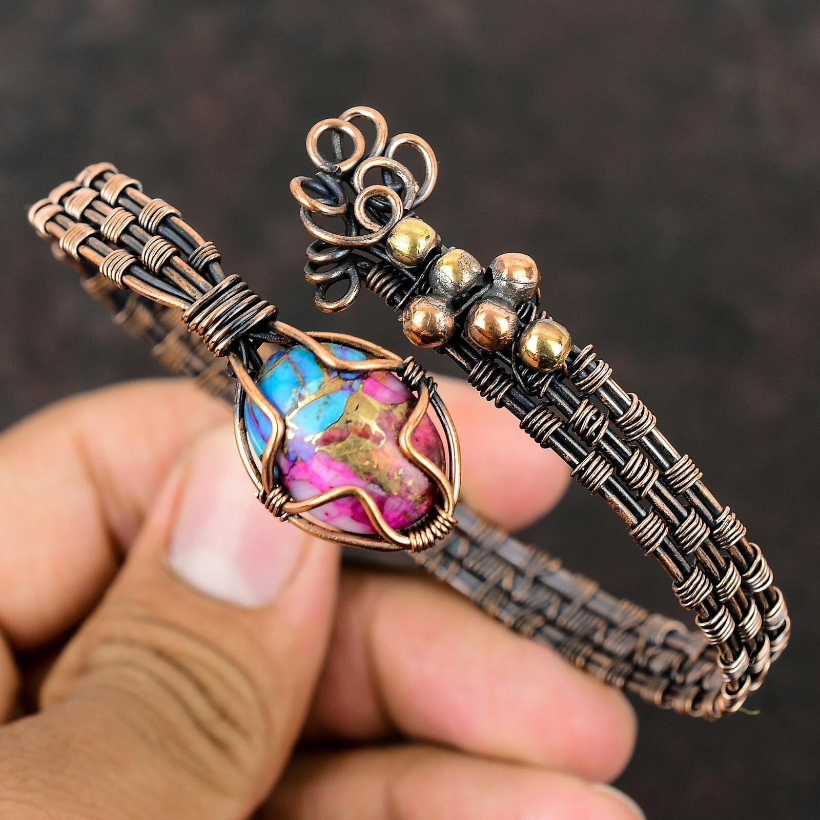 Kingman Pink Dahlia Turquoise Copper Gift For Mum Wire Wrap Adjustable Bangle