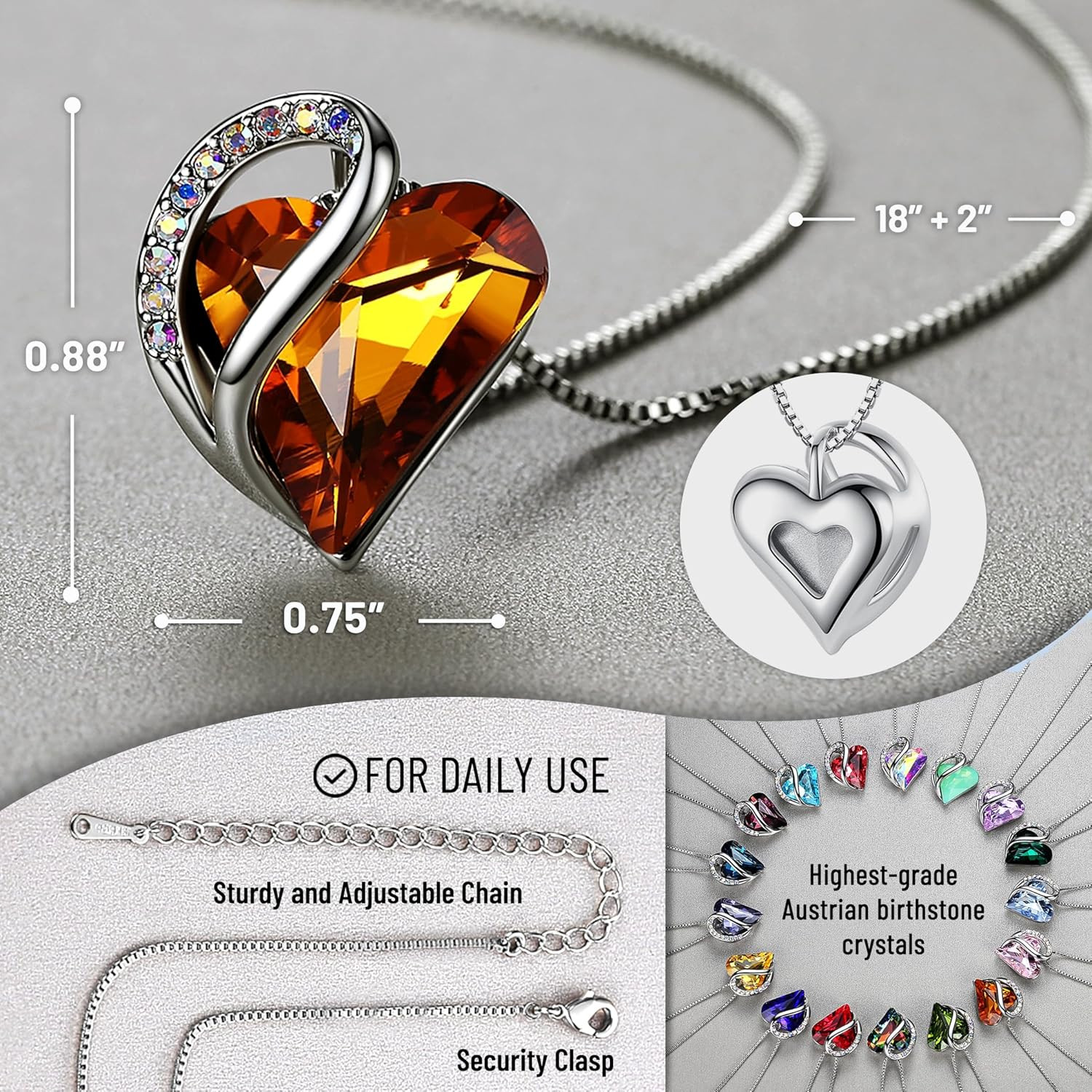 Gift Necklaces for Women, Infinity Love Birthstone Heart Crystal Pendant, Birthd