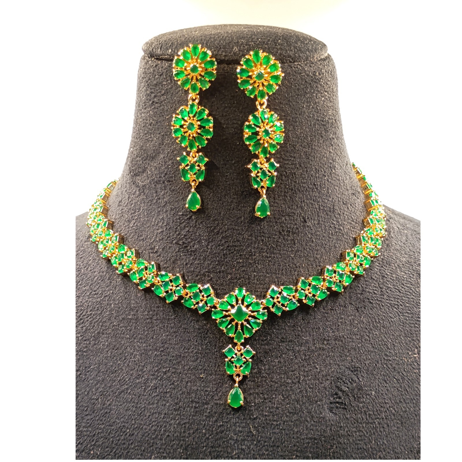 Vintage Emerald Necklace Set 22K Gold Plated Bridal Wedding Anniversary Jewelry