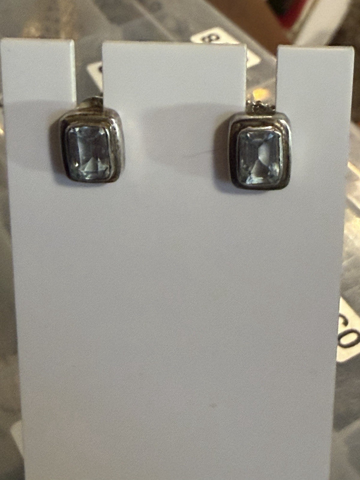 Vintage Rectangle Blue Topaz Sterling Silver Earrings #360