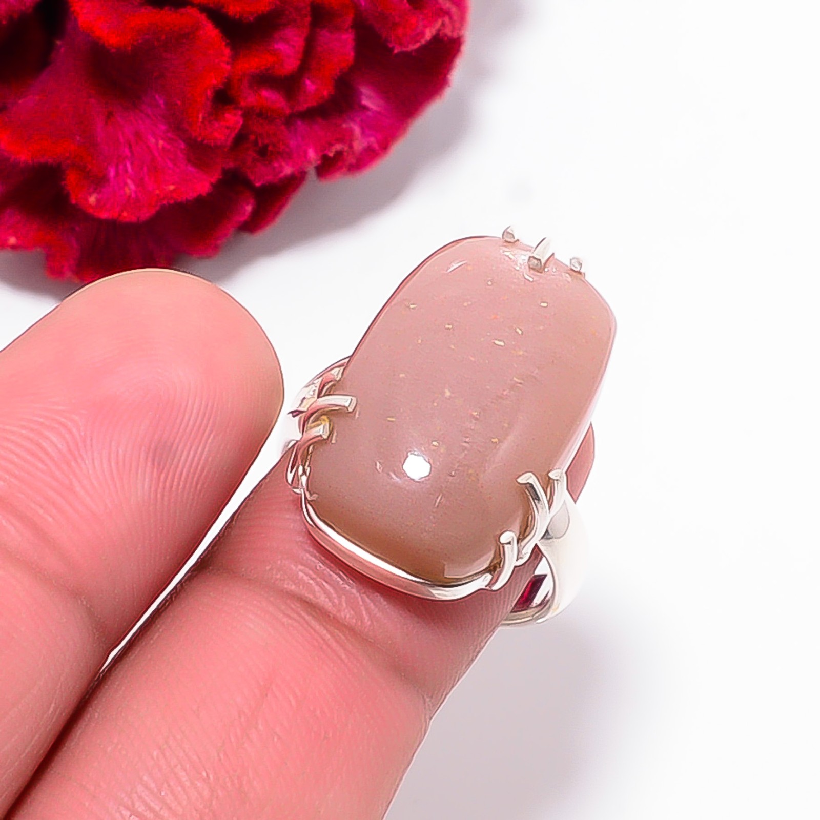 Peach Moonstone – Sri Lanka Gemstone 925 Sterling Silver Ring S.8 R102522