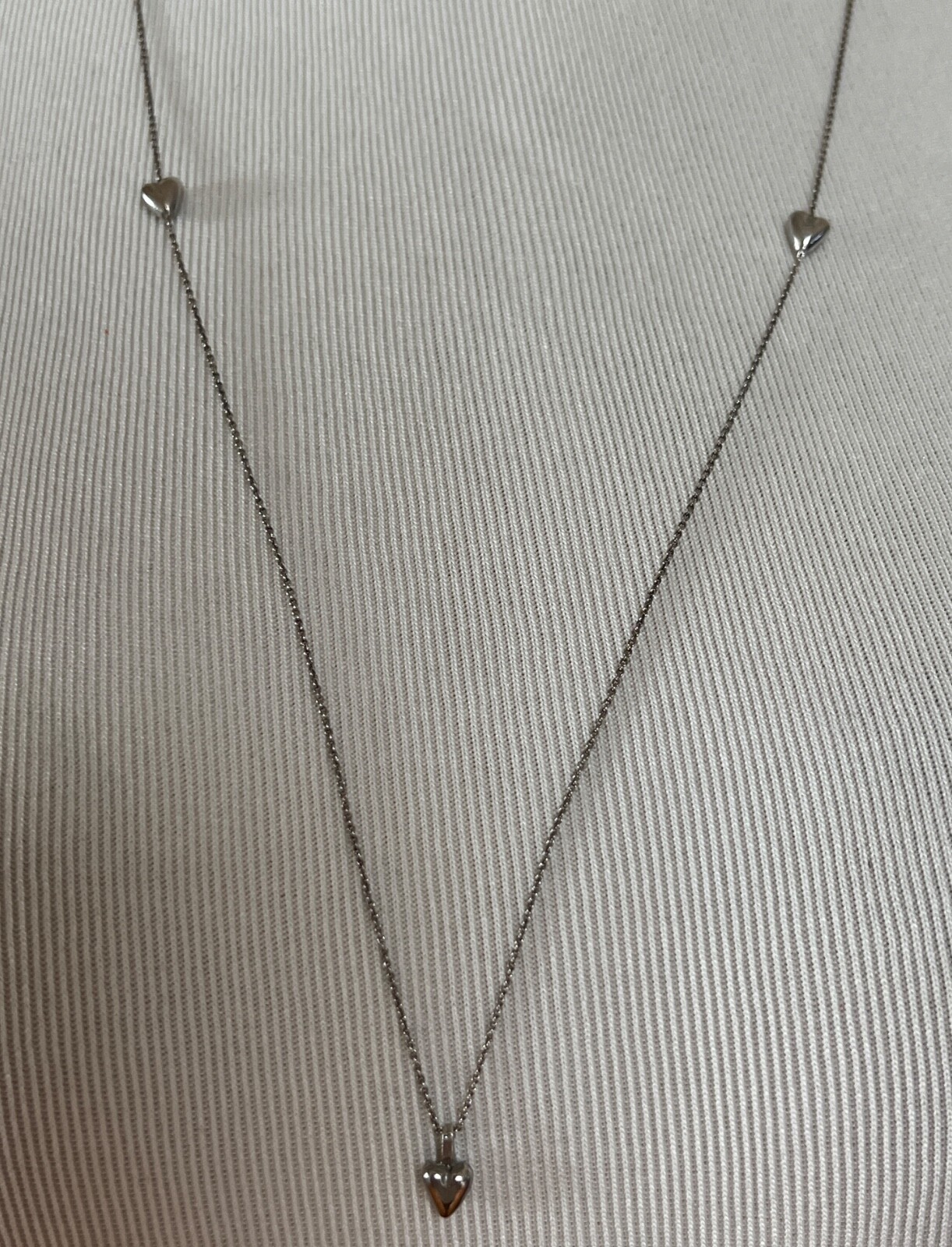 NWT Saint Laurent YSL Triple Heart Charm Silver Long Brass Chain Necklace $695