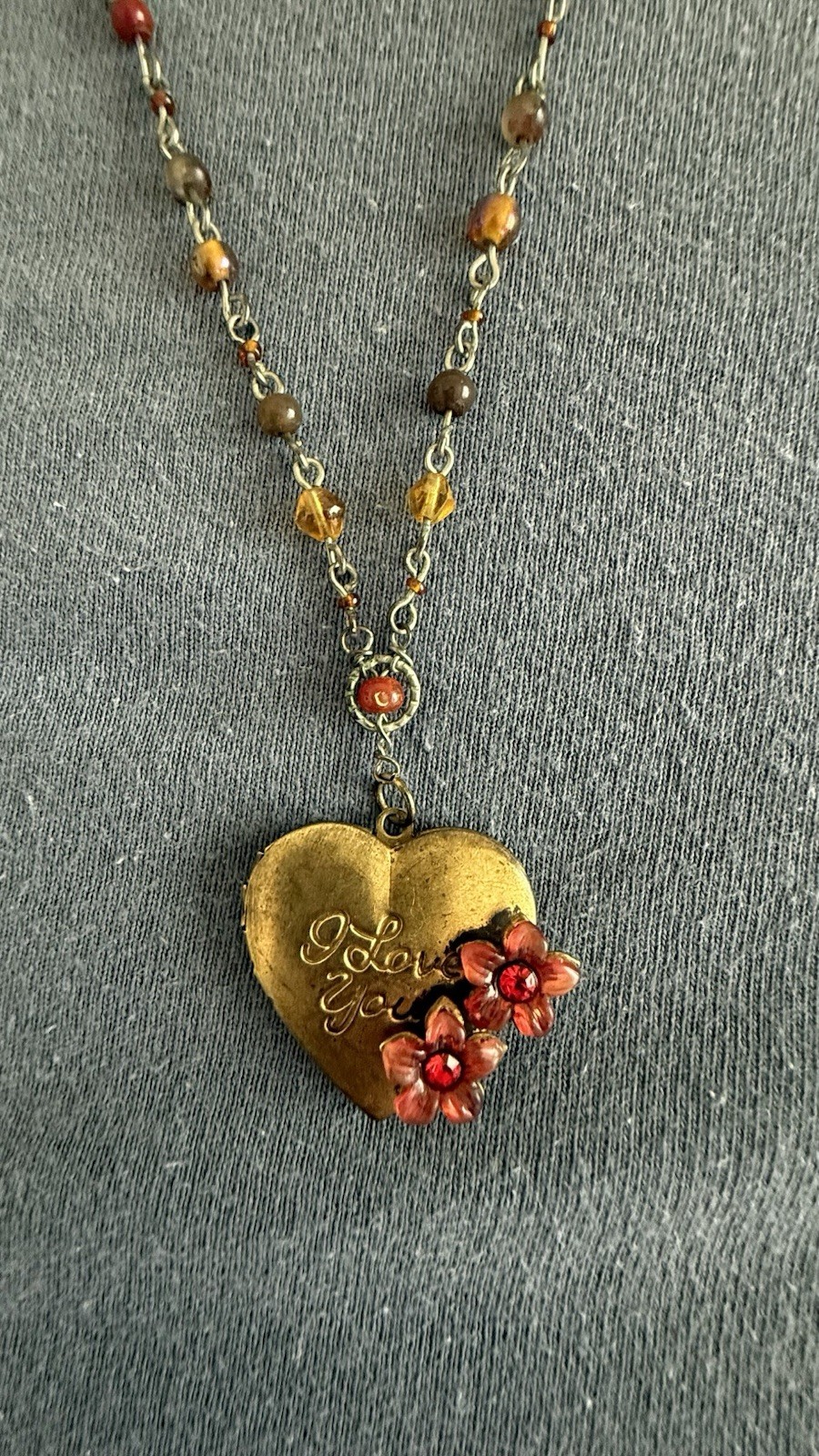 Gold Tone Heart Locket Pendant Necklace Love Red Flower Cable Chain Lobster