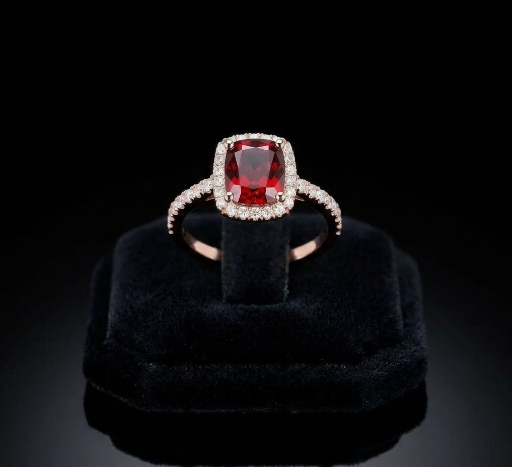 Cushion Garnet Halo Ring, Rose Gold Plated Sterling Silver, Dainty Red Gemstone