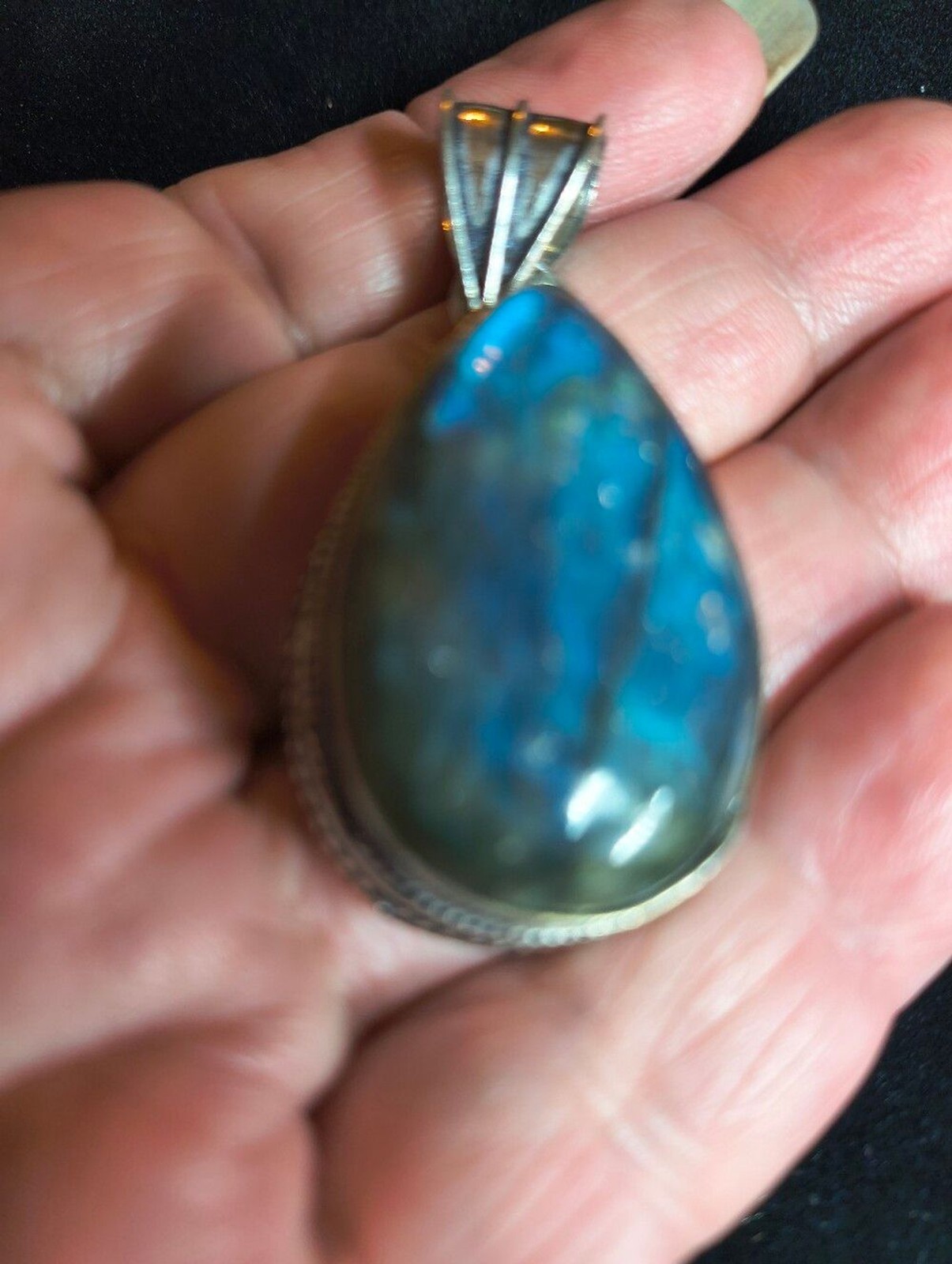 925 Sterling Silver Labradorite Statement Pendant Large Blue Flash Artisan Boho