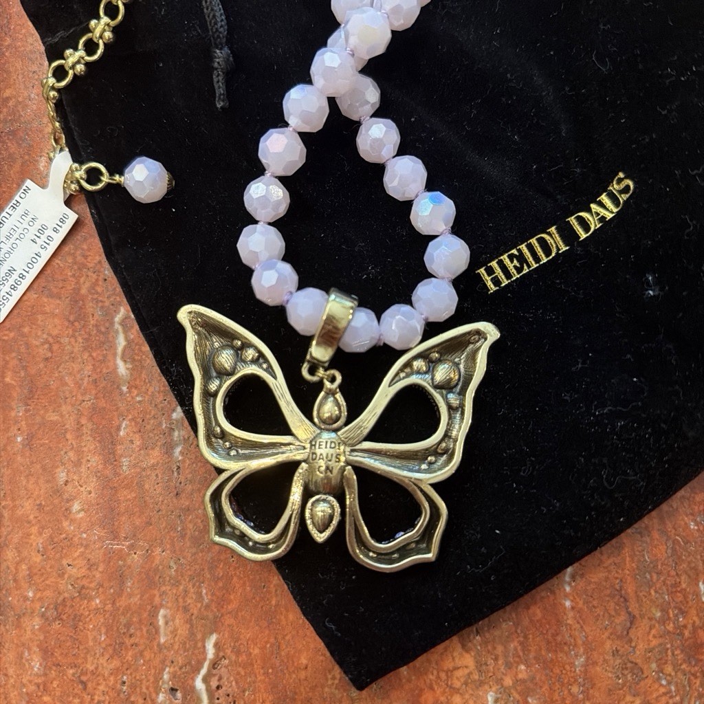 NWT- Heidi Daus Pink Gold Plated Beaded Butterfly Crystal Charm Pendant Necklace