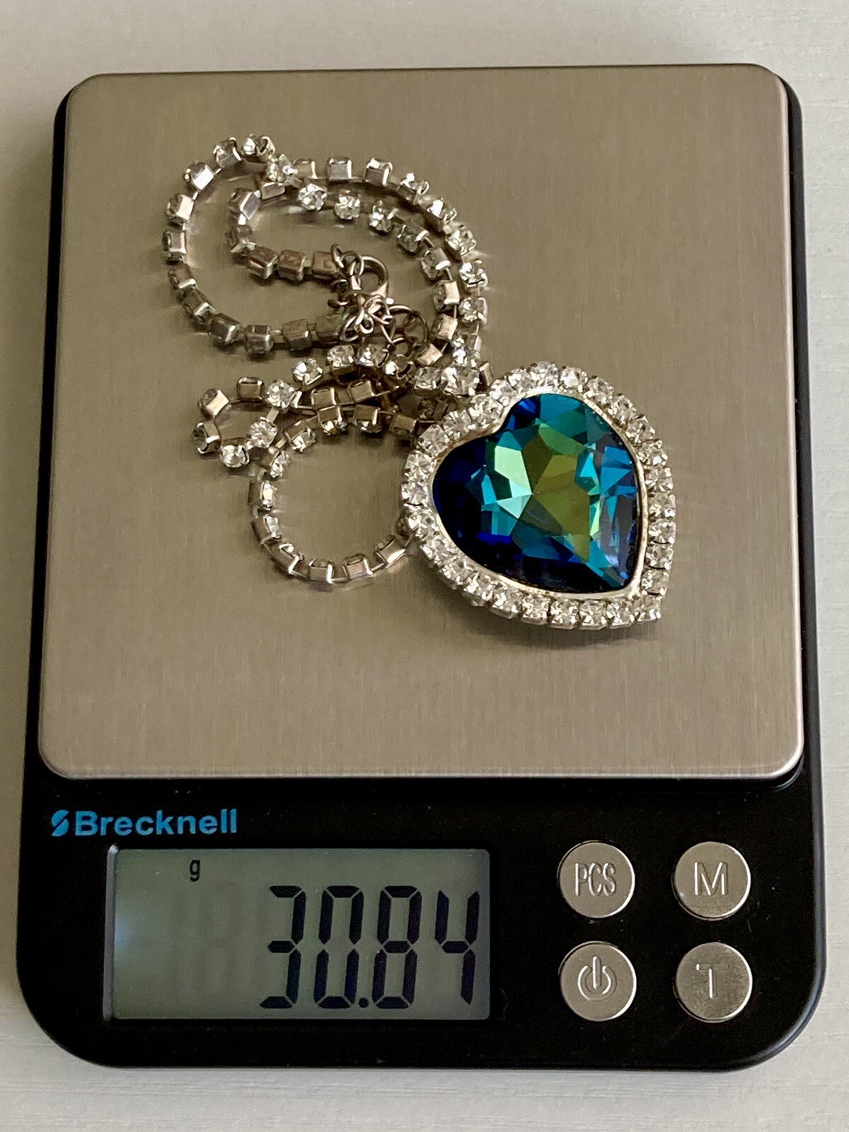 Blue Crystal Large Heart Silver Tone Pendant 16” Ladies Necklace 30g Titanic