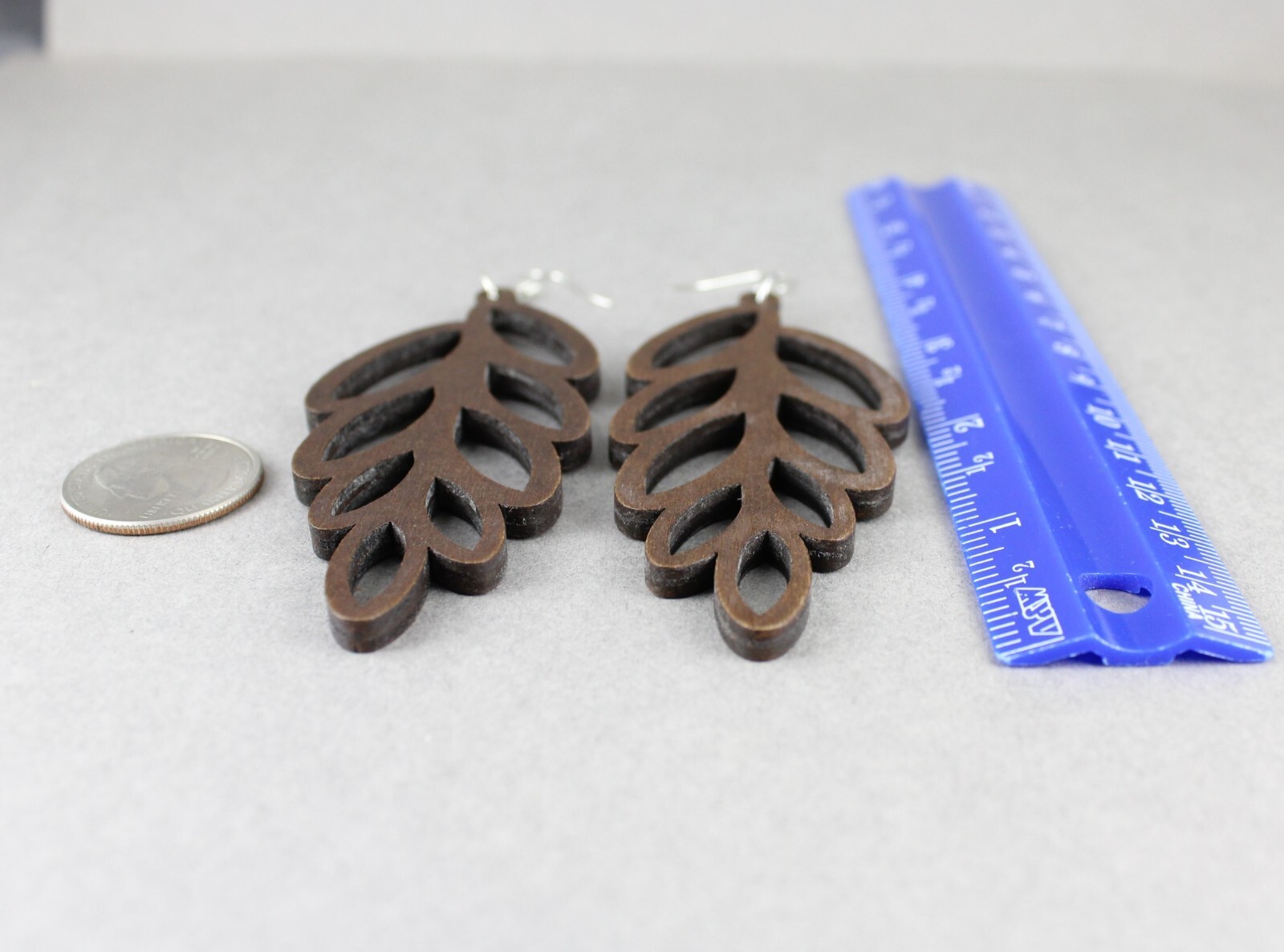 dark Brown wood leaf earrings dangle lightweight wood 4 3/8″ long feather vine