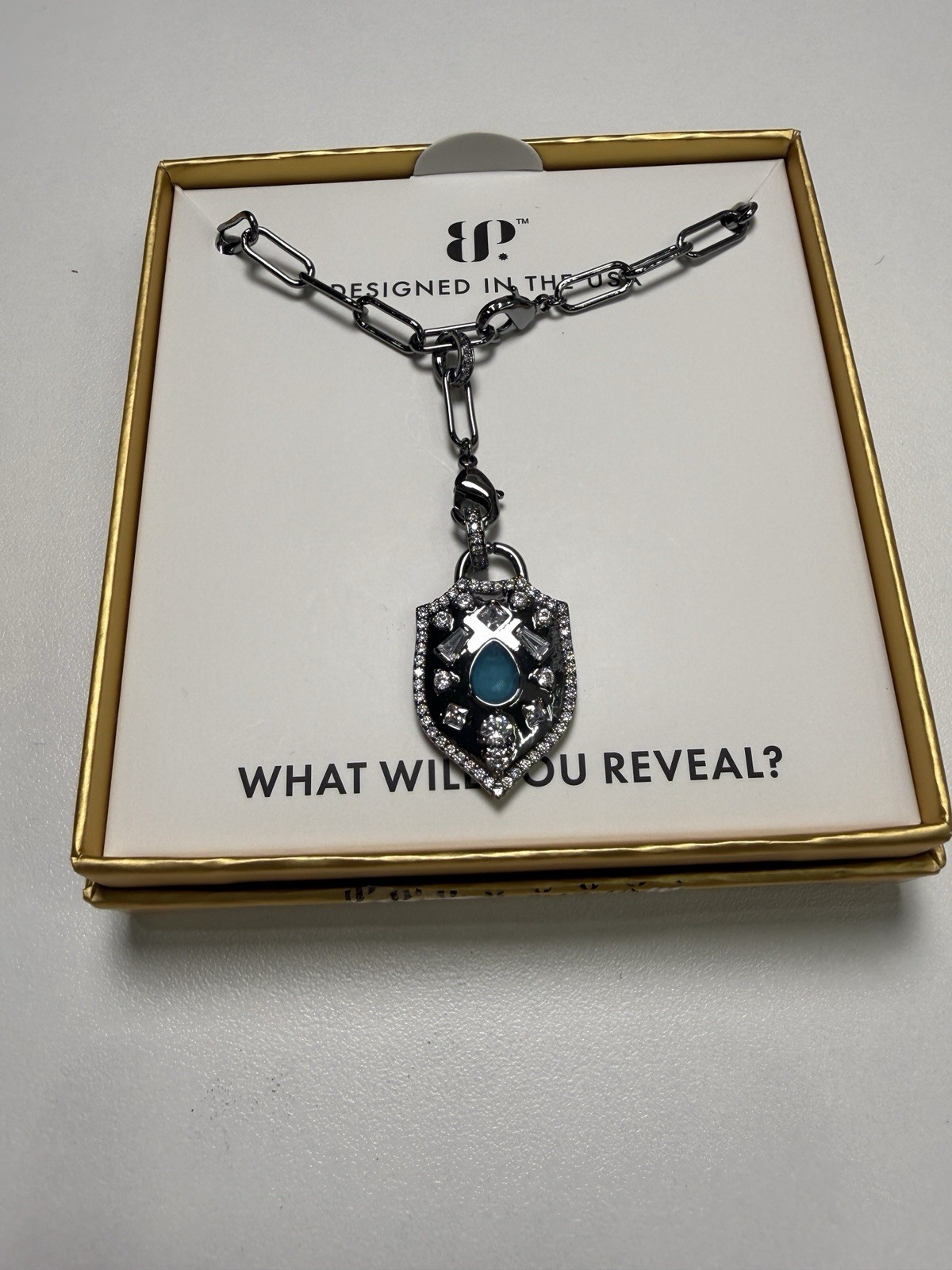 BP The Gem Society Hematite Plated Link Chain Shield Pendant Blue Teardrop Stone