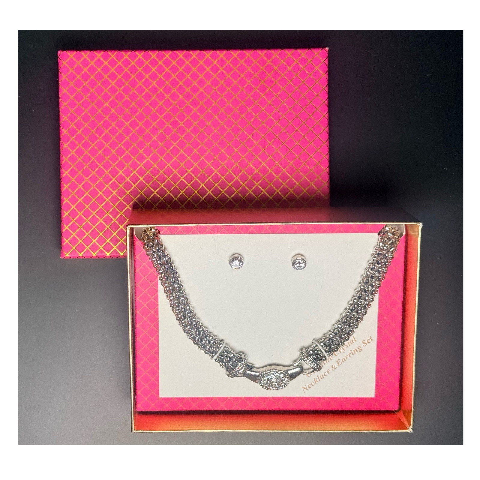 Silver Tone Crystal Necklace Earring Set Rhinestone Toggle Clasp Gift Box NWOT