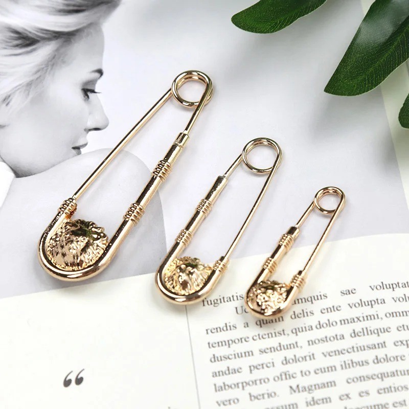 Vintage Large Safety Pin Brooch Double Lion Head Waist Closing Decor Suit Jewelr