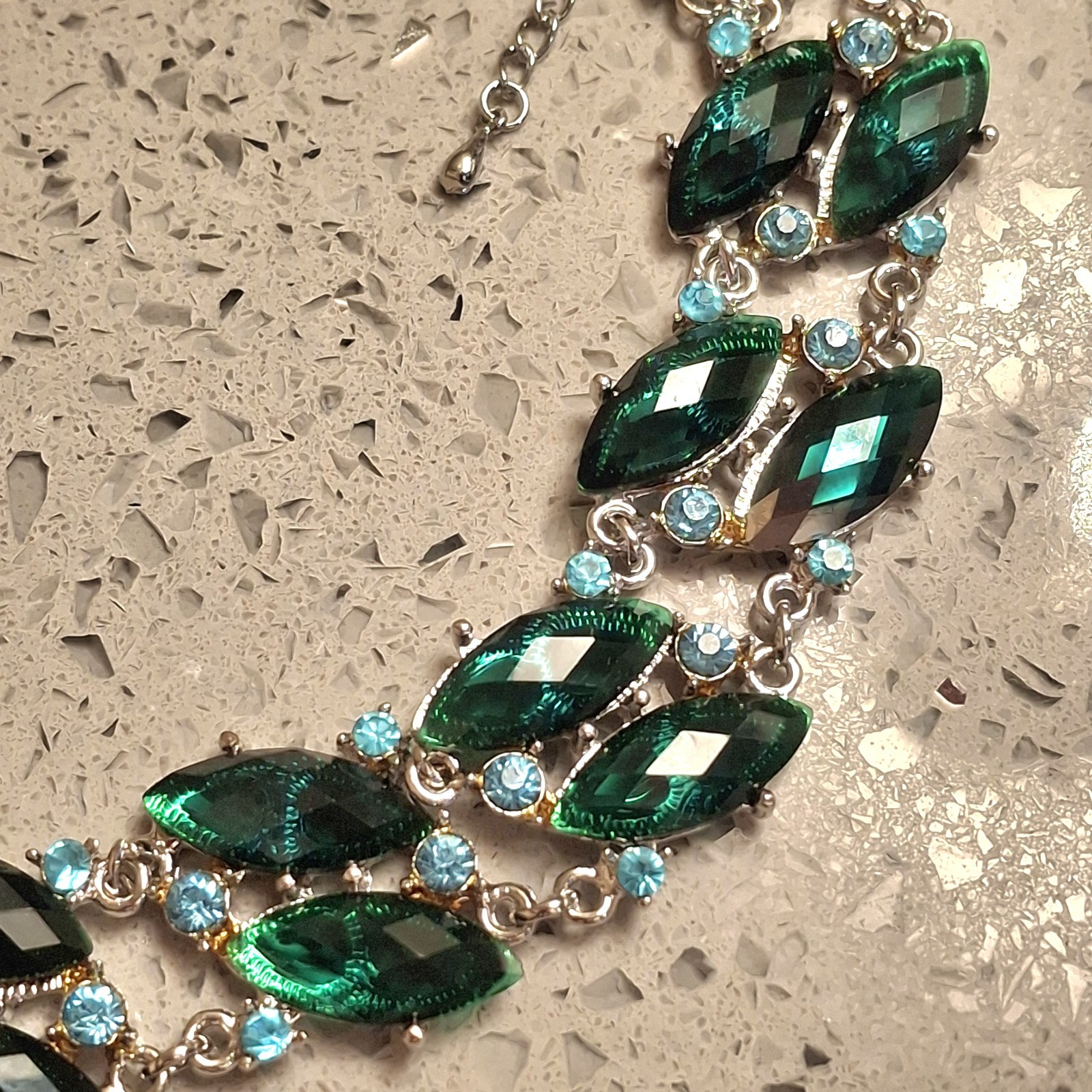 Rhinestone Necklace Green Lt Blue Silver Tone Adjusts 18″ Chain Link Estate Sale