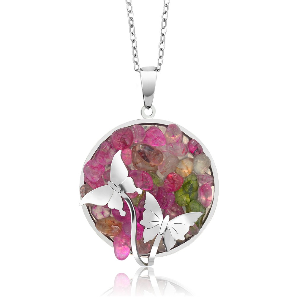 2pc Butterfly Tranquil Stone Stainless Steel Pendant Set With Matching Earrings