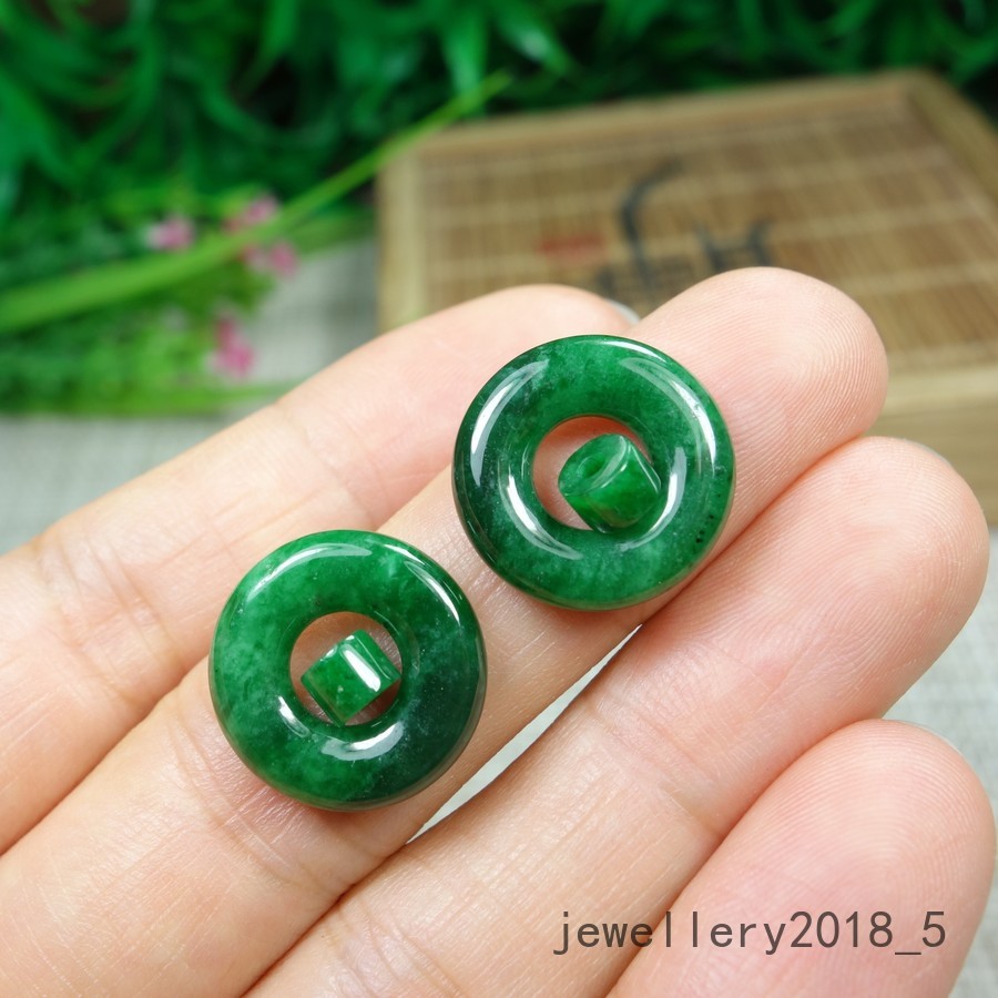 1 pair Certified Green Burma 100% Natural A jadeite Jade Donut 甜甜圈