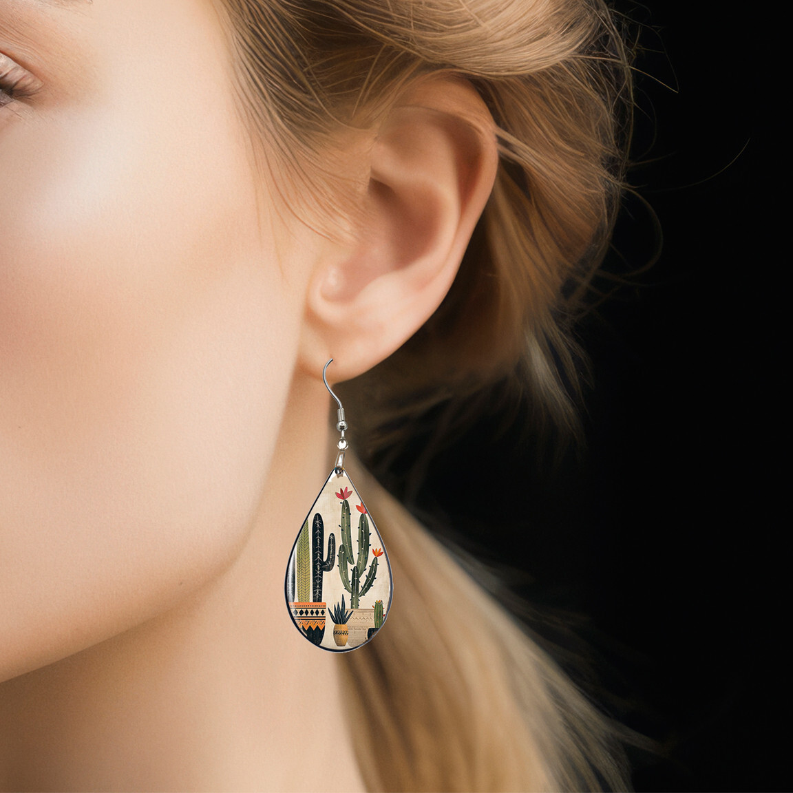 Cactus Earrings NO TARNISHING Teardrop Dangle Flowering Cacti Graphic Art Print