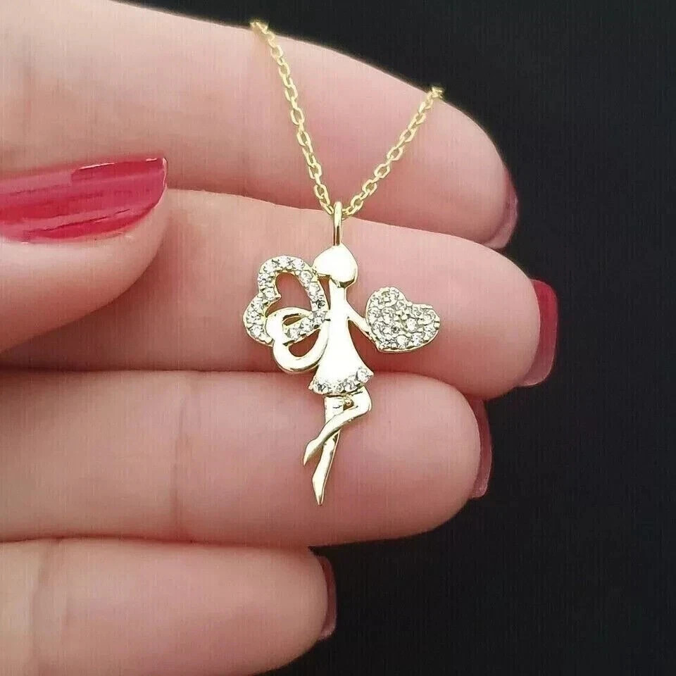 1 Ct Round Simulated Diamond Angel Heart Pendant Necklace 14K Yellow Gold Plated