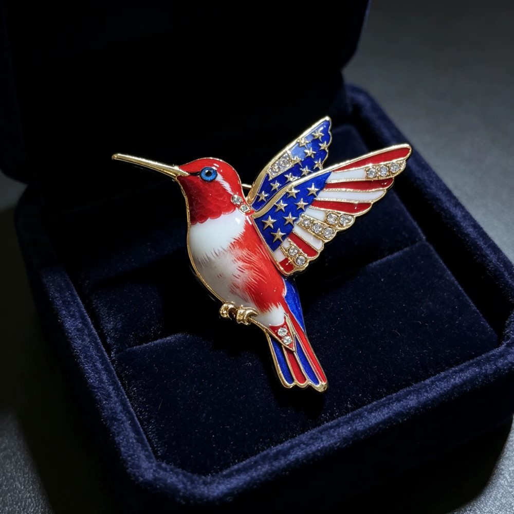 Rhinestone American US Flag Hummingbird Brooch USA Independence Day Gold Pin Gif