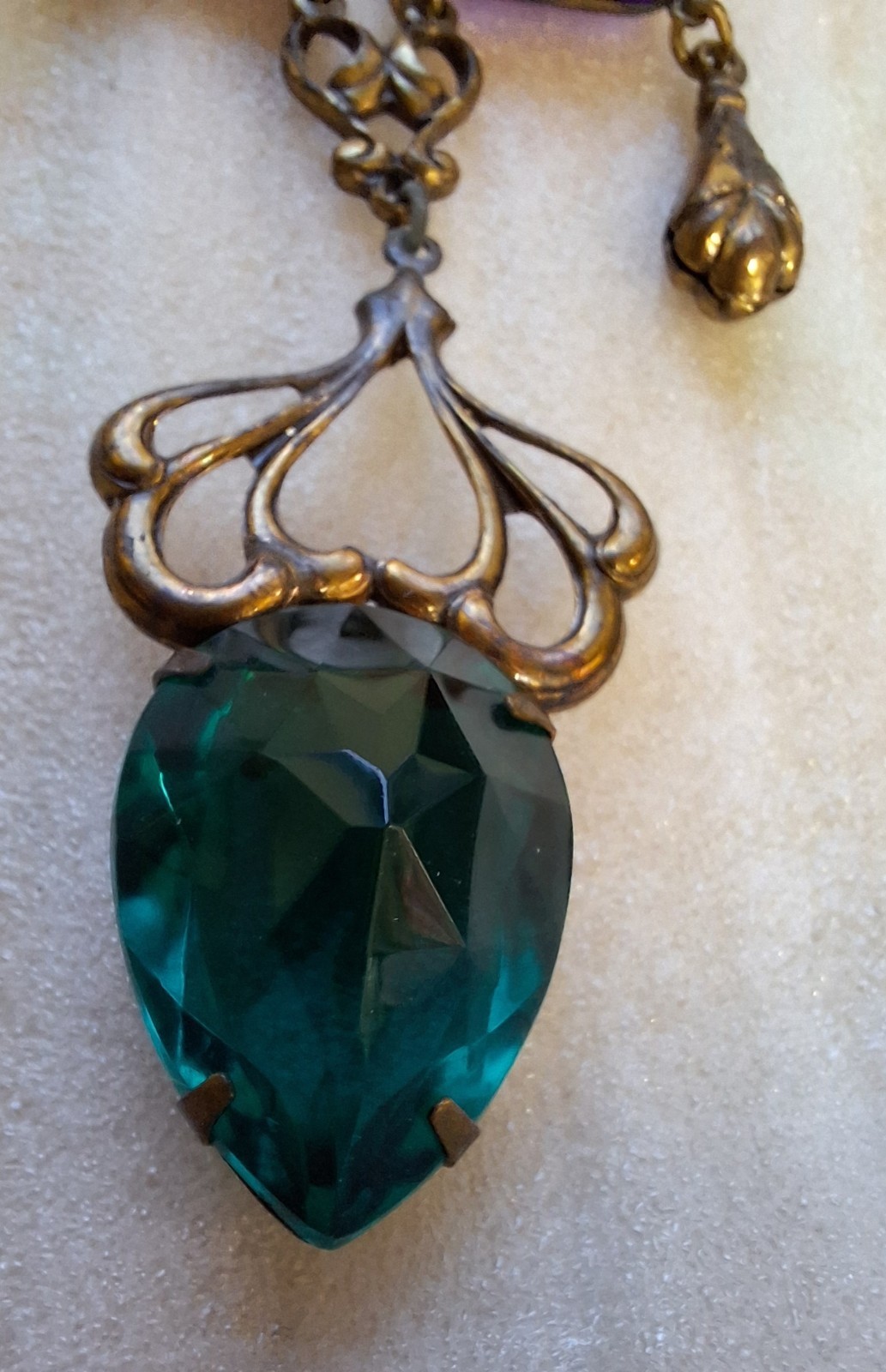 Sadie Green signed art nouveau statement necklace green & purple glass