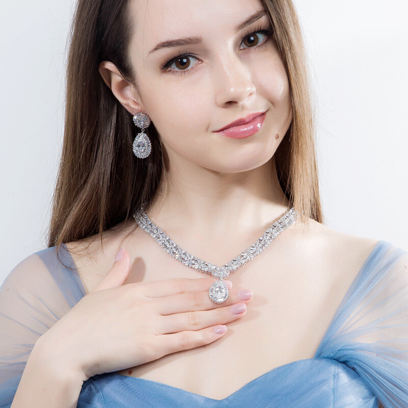 Gold Plated Water Drop Pageant Necklace Earring Bracelet CZ Zirconia Jewelry Set