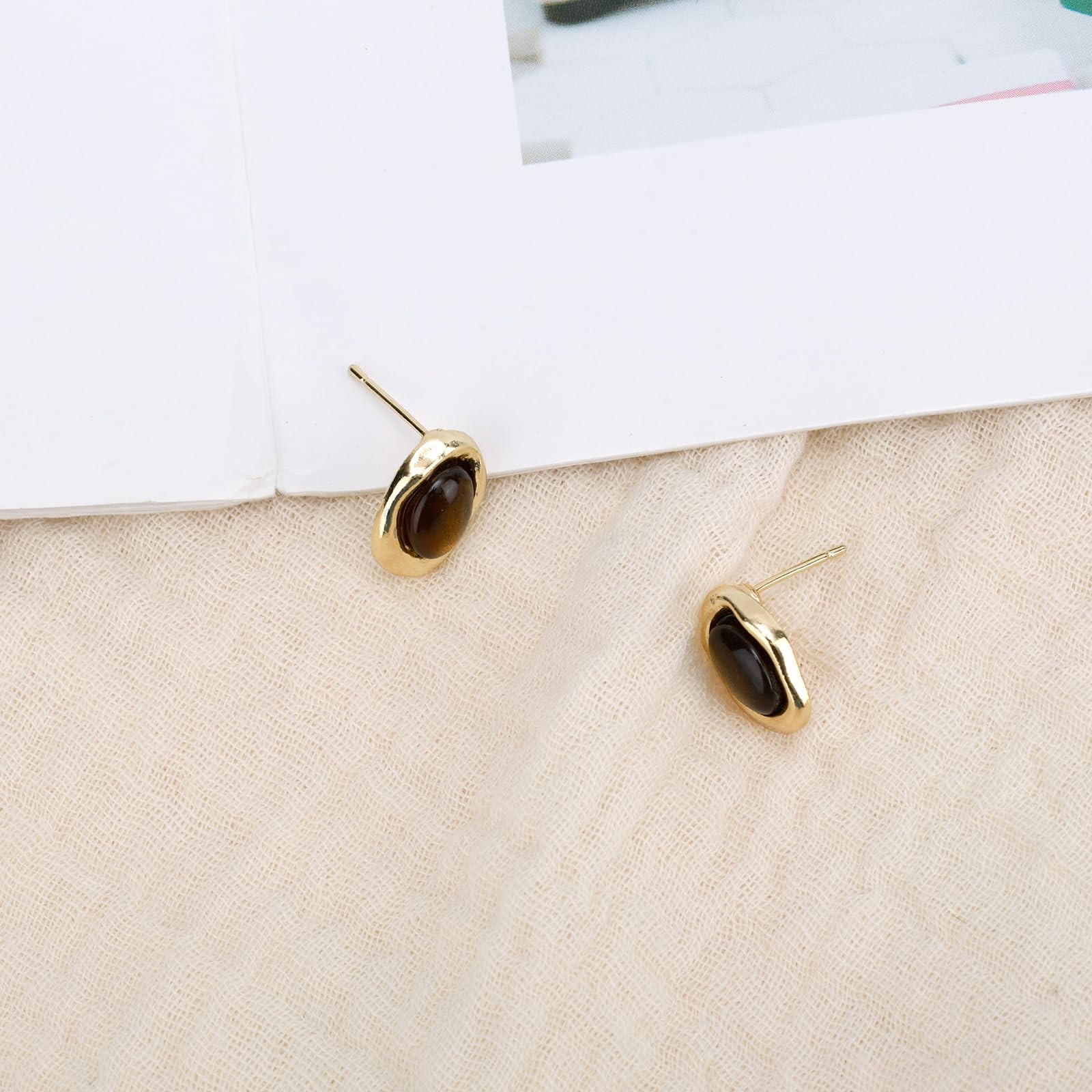 Mikovivi Tiger Eye Stud Earrings, Vintage Medium, Zinc Alloy