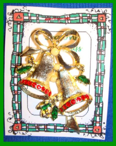 Christmas PIN #0028 No Mark 2 Bells Goldtone & Red Rhinestone Green Enamel Holly
