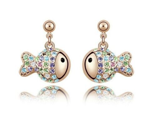 Crystal Fish Earrings – Multi Color Czech Crystals – GOLD