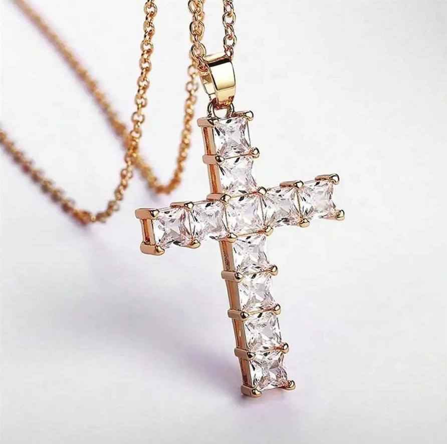 1pc Gold Crystal Jesus Cross Pendant Necklace Man Women Fashion Jewelry – NEW