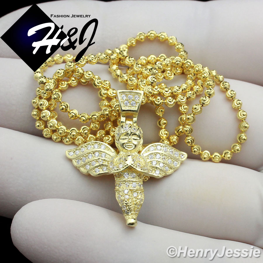 925 STERLING SILVER 18″X2MM GOLD PLATED CHAIN CUBIC ZIRCONIA ANGEL PENDANT*GP95