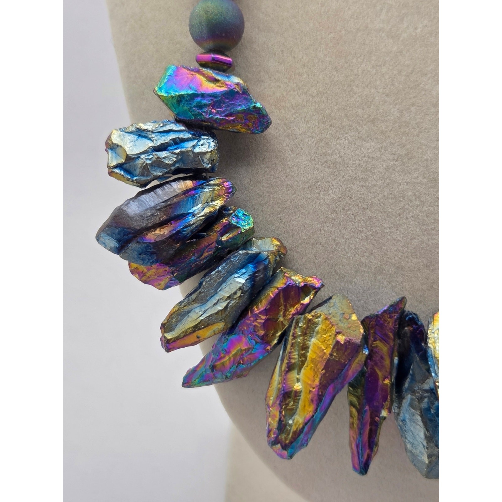 Raw Rainbow Aura Titanium Quartz & Lava Rock Statement Bib Necklace – 16″