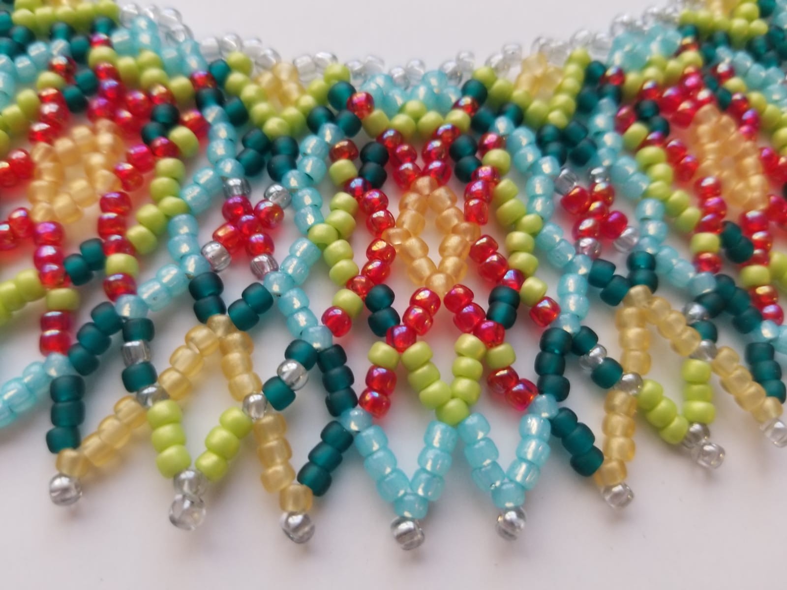 Red Green Blue Gold Beaded Necklace Handmade Unique Colorful Statement Collar