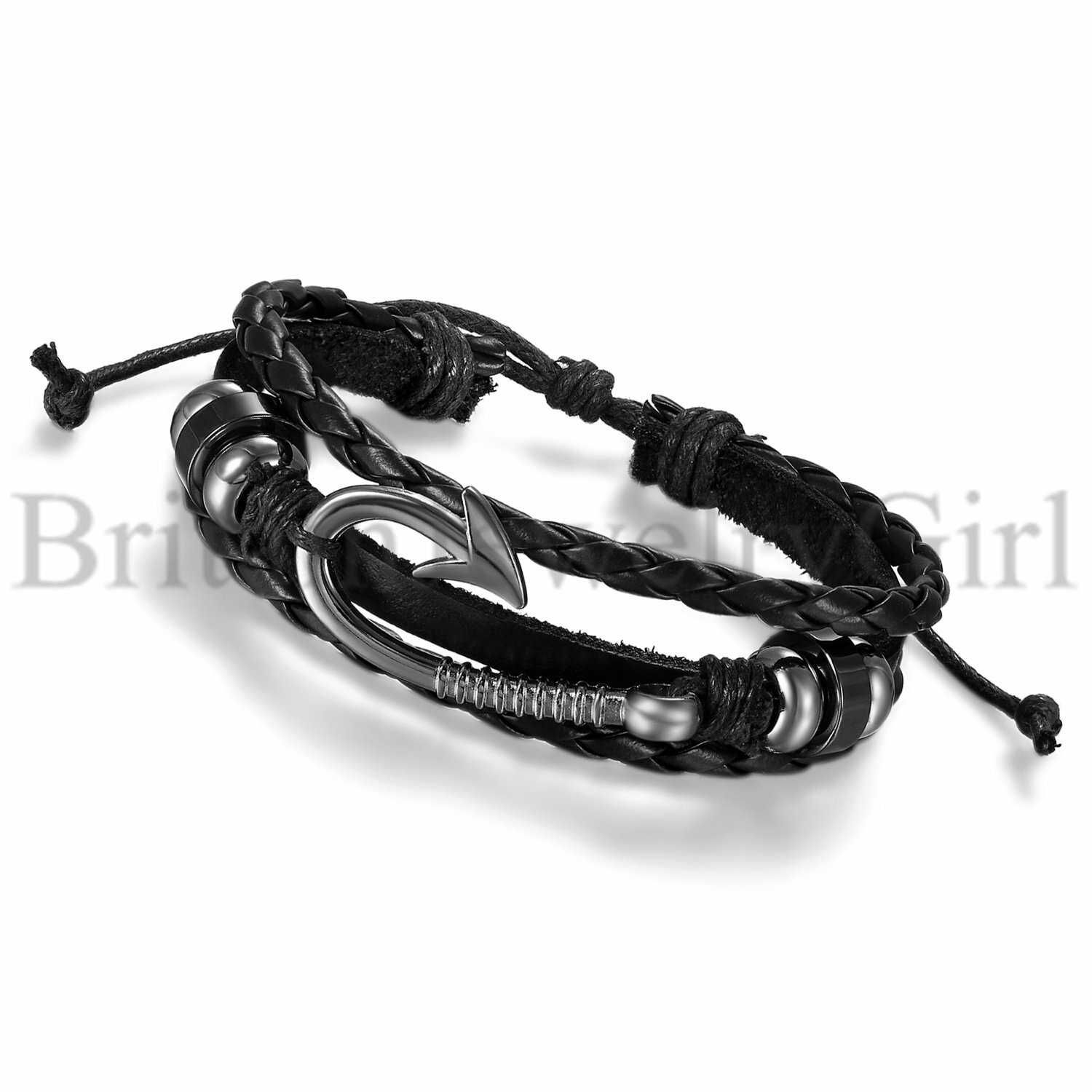 Men Women Multi-layer Fishing Hook Beaded Braided Leather Cuff Bangle Bracelet
