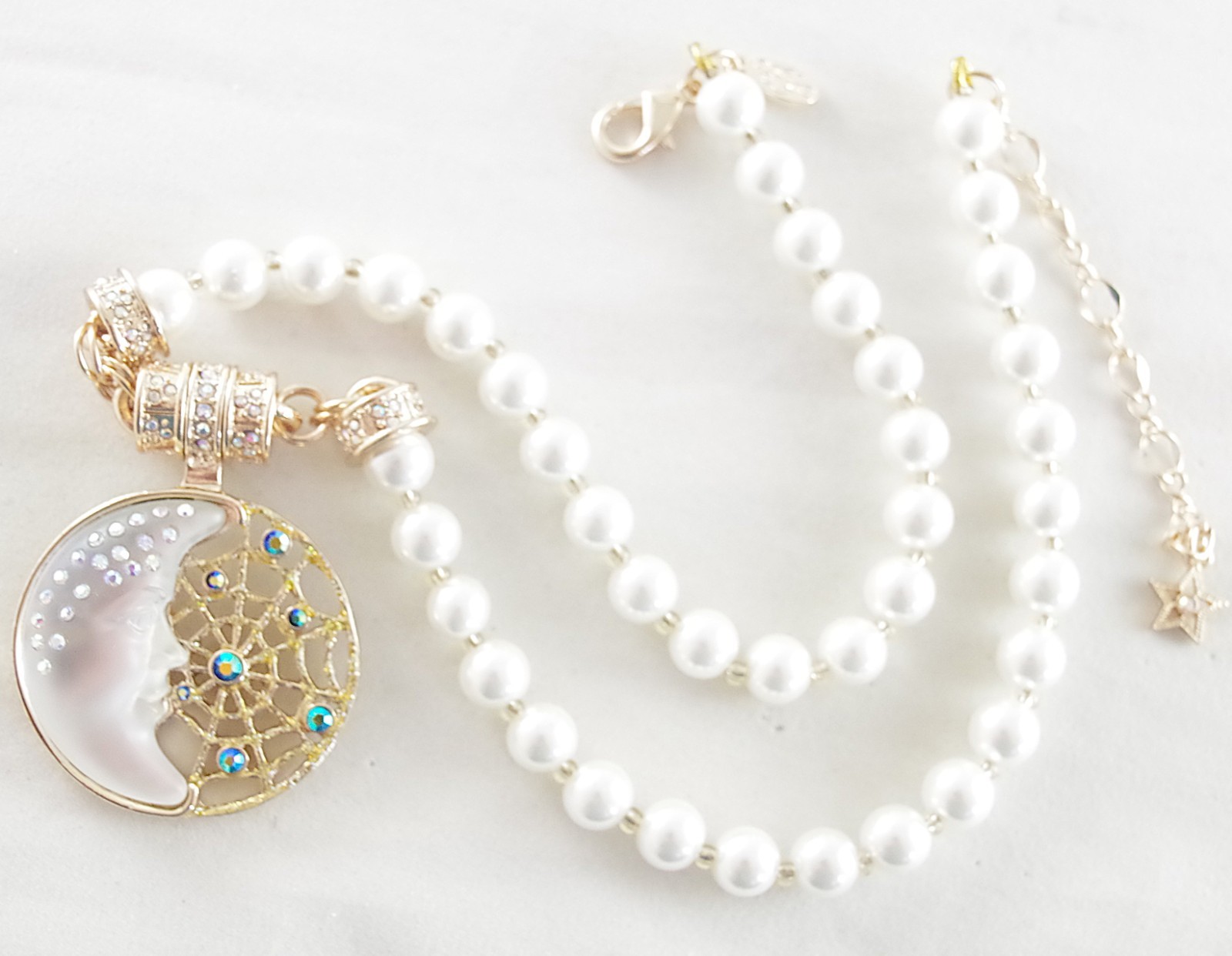 KIRKS FOLLY AB CRYSTAL RHINESTONE WHITE MOON/ DREAM CATCHER ENHANCER NECKLACE