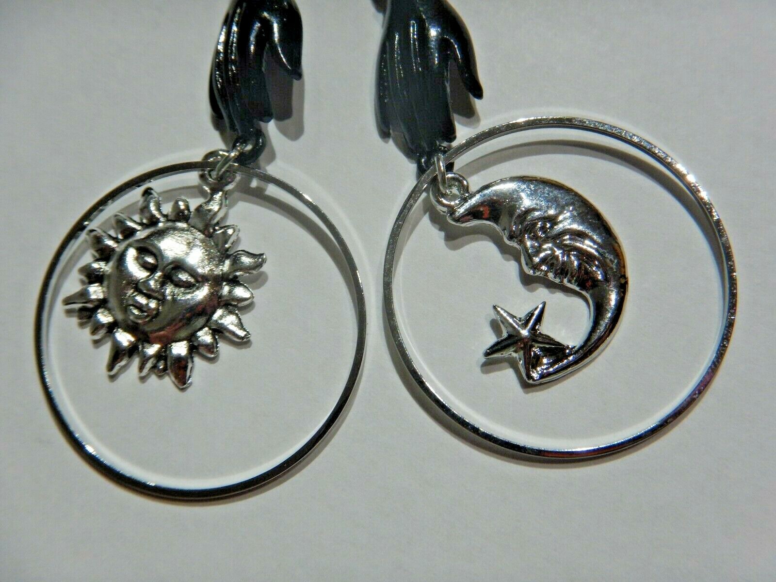 SUN & MOON FACES CELESTIAL EARRINGS black silver tarot hand gothic occult L3