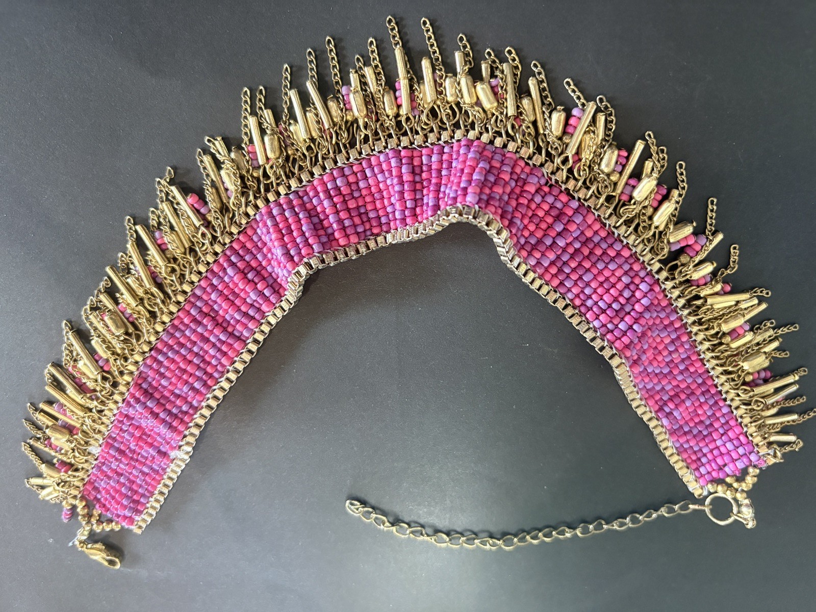 Pink and gold-tone beaded fringe statement necklace, metallic beads, 18 3/4″