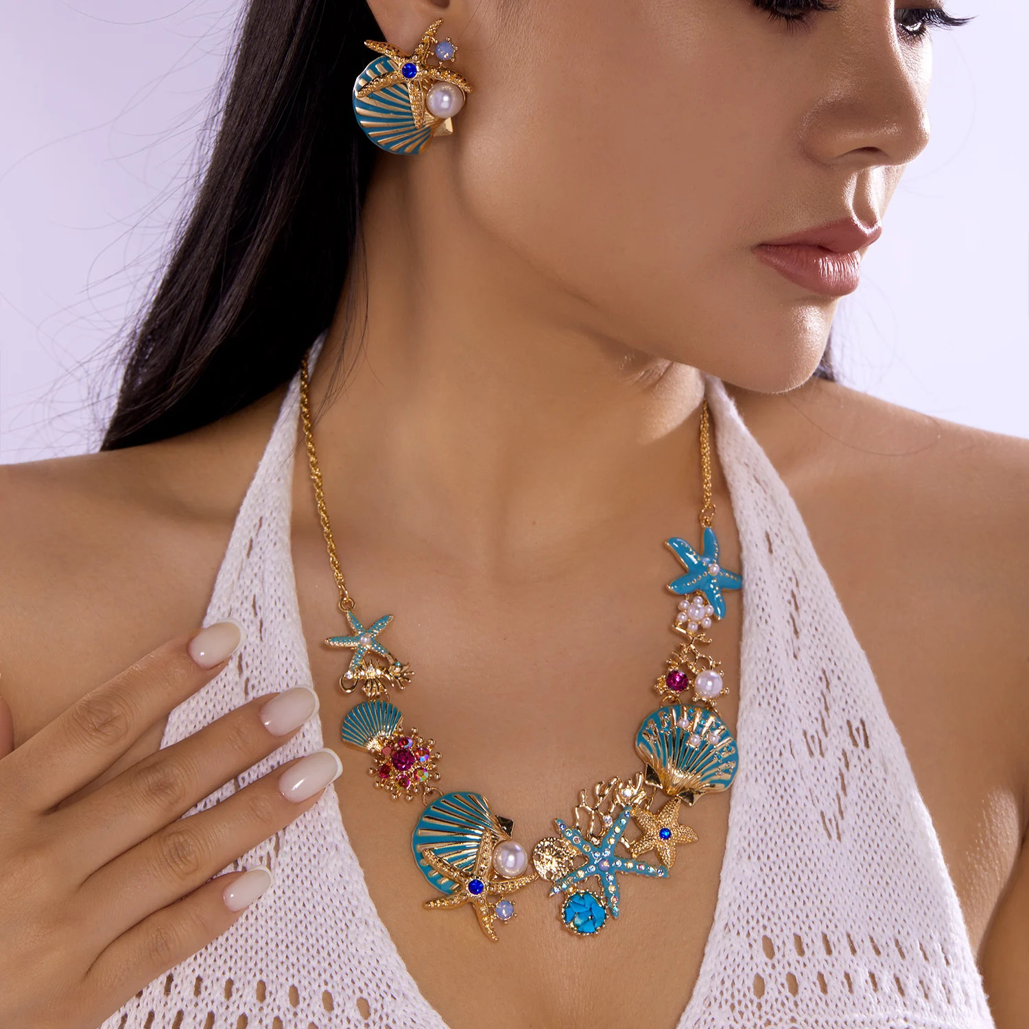 Boho Shiny Starfish Shell Coral Pearl Pendant Necklace For Women Crystal Zircon