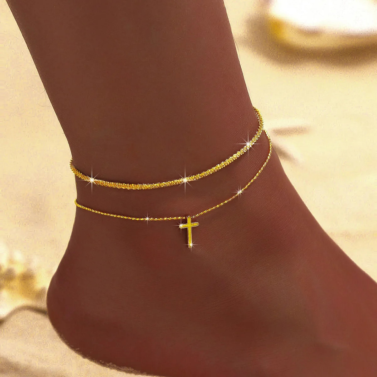 LATS Shiny Sparkling Simple Anklet for Women Gold Silver Color Elegant Jewelry F
