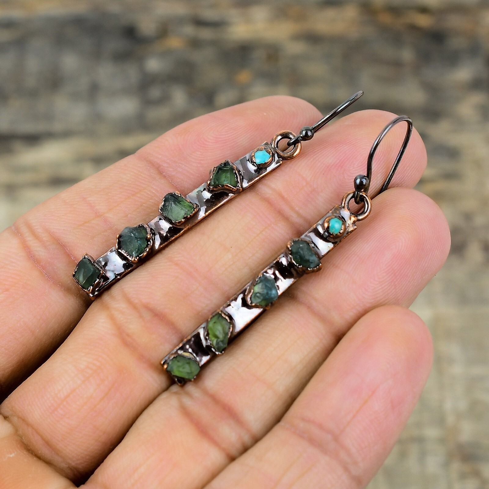 Green Tourmaline Rough Copper Gift For Briedsmaid Electroformed Earrings 2.2″