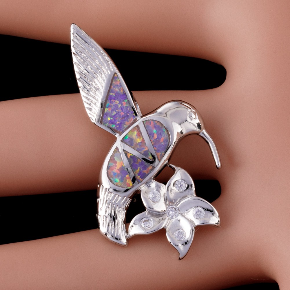 Hummingbird Flower Lavender Purple Fire Opal Silver Jewelry Necklace Pendant