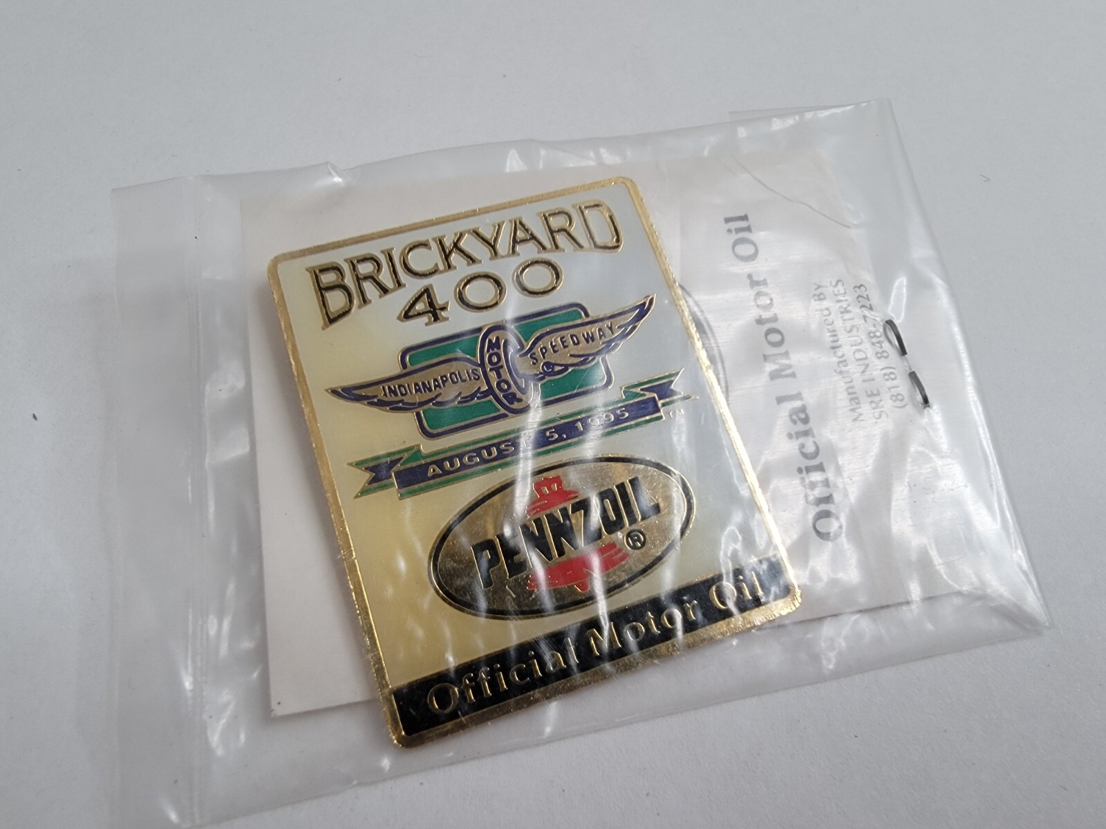 Brickyard 400 Pennzoil Official Motor Oil Broch Pin August 1995 Motor Speedway