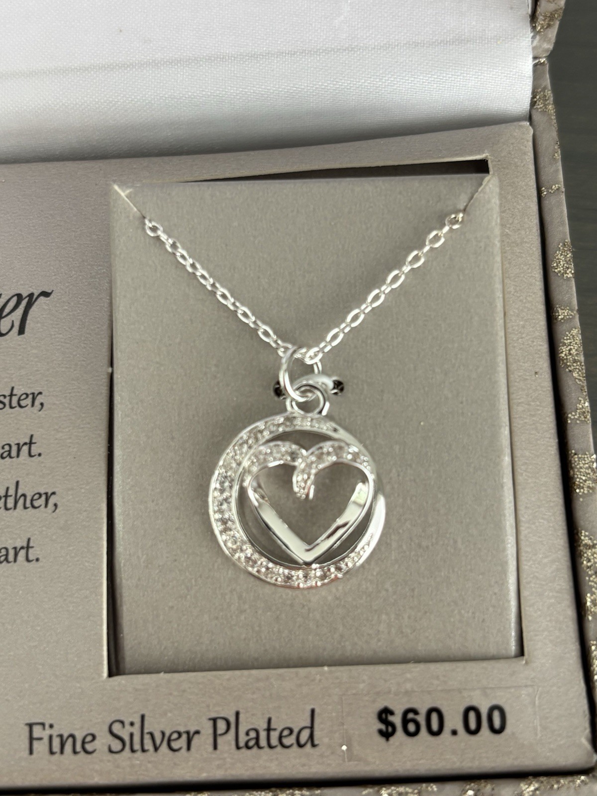 Sister Heart Charm Pendant Necklace Silver Plated Clear Crystal Pavé Cable Chain