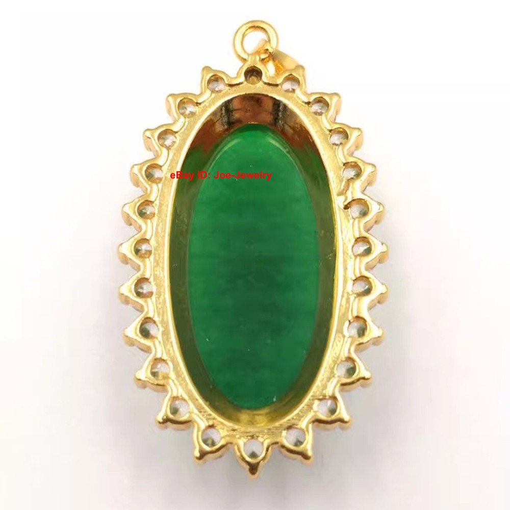 Yellow Plated Alloy Heated Oval Green Jade Pendant Vintage Chinese Style 48mm H