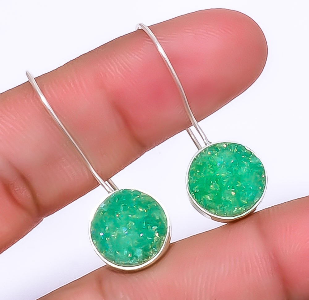 Titanium Green Agate Drusy Silver Handmade Jewelry Earring 1.37″ A331