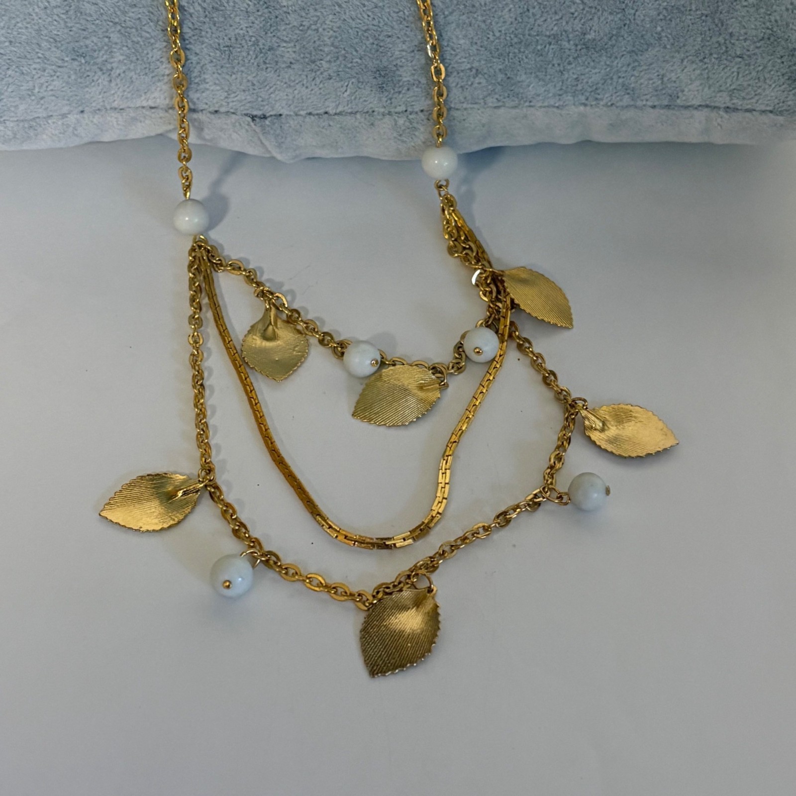 Gold-Plated Layered Necklace Textured Leaf White Bead Dangles Korea Timeless NEW