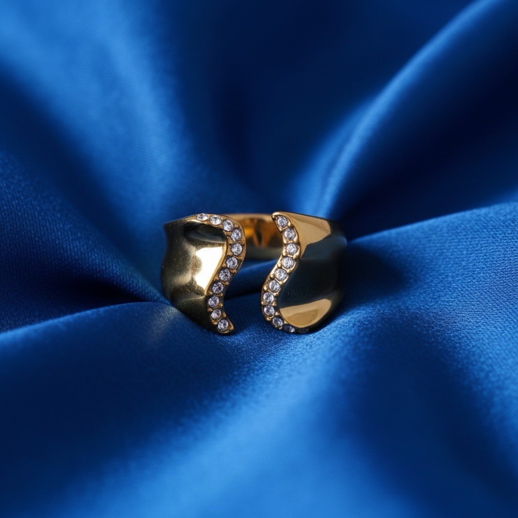 Sculptural Gold Ring Open 7 6 CZ Boho Sz Art Deco Nouveau Boho VTG Wave Crystal